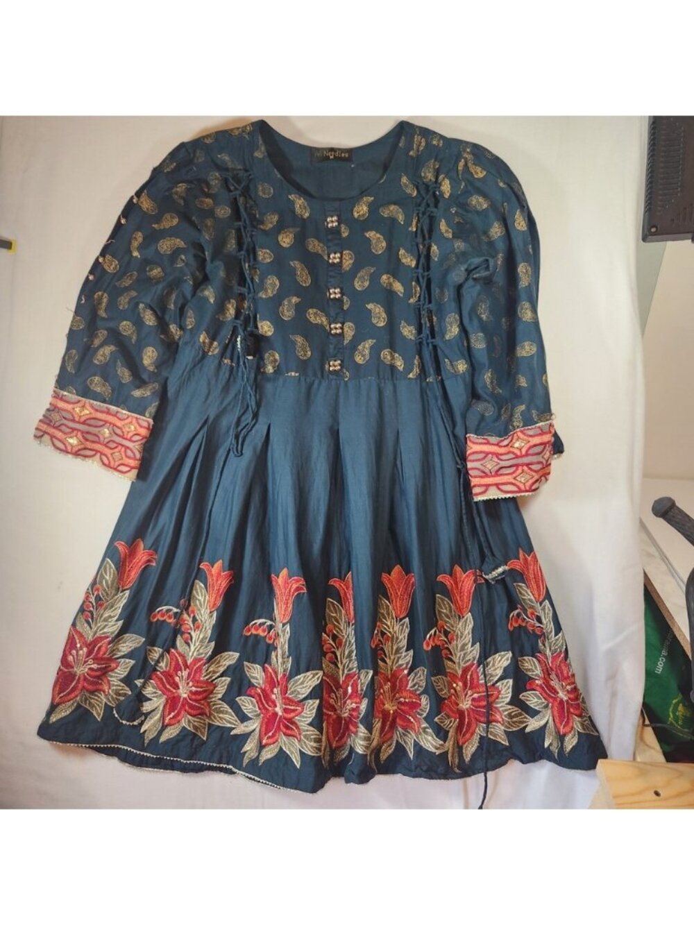 Traditional Teal Blue Paisley‎ Floral Embroidered Tunic Dress poinsettia Medium